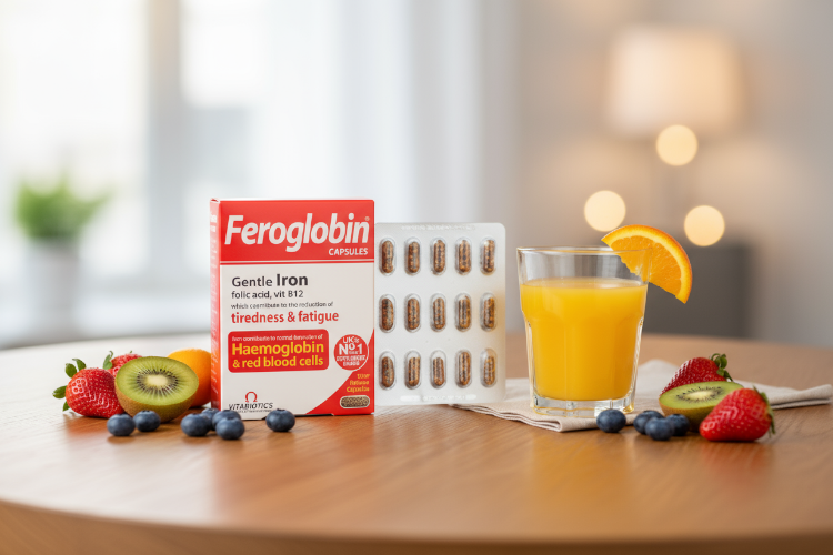 قرص فروگلوبین برای سلامت مو کنار آب پرتقال